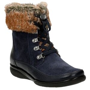 Clarks Black Kearns Ramsey Leather Faux Fur Trim Boot Black SZ 6.5